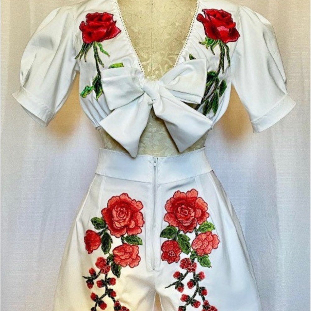 Handmade white set with red fringe and roses!